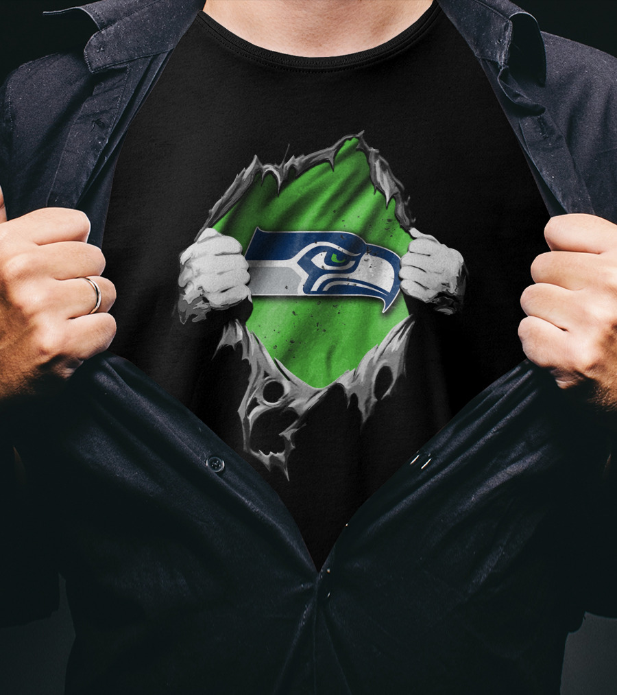 Seattle Seahawks Torn V2 Logo Peeking Through Ripped Fabric T-Shirt
