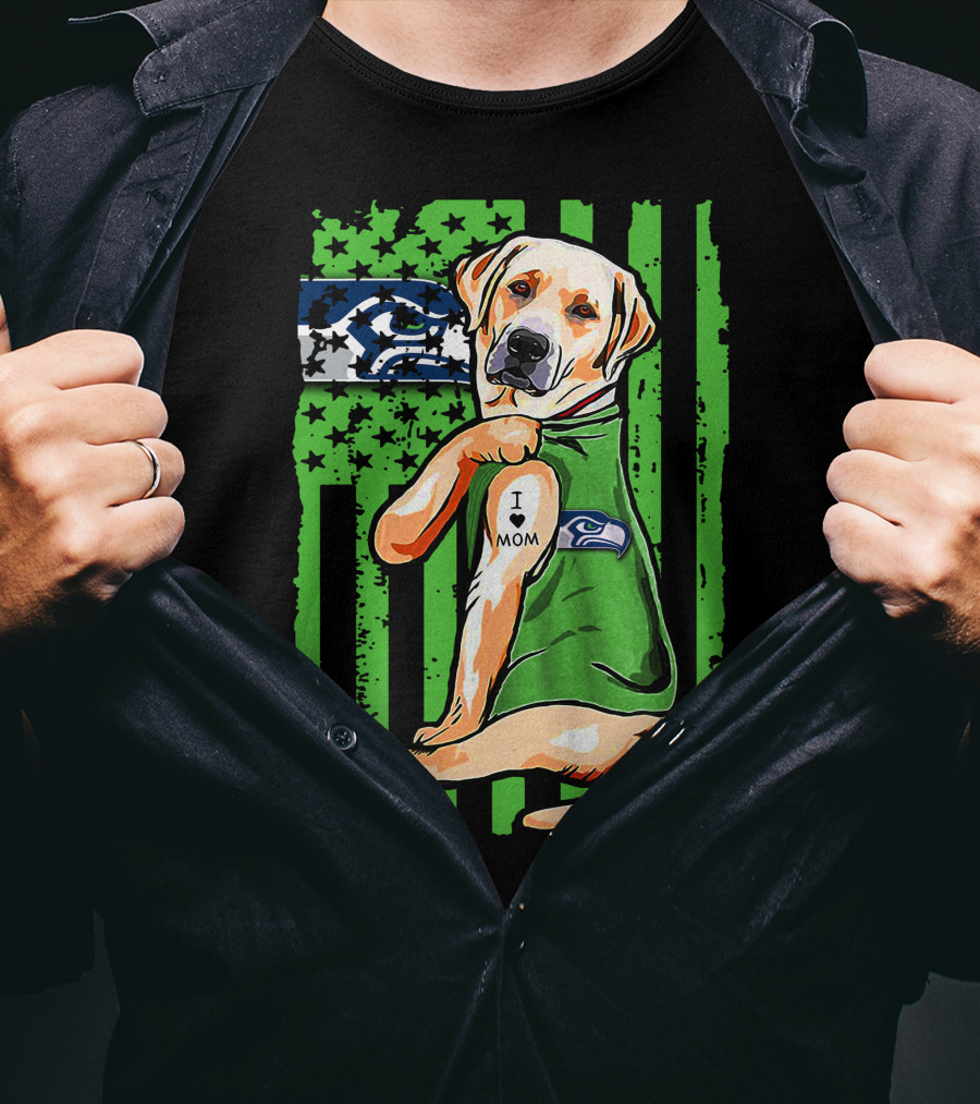 Labrador Retriever Seattle Seahawks Flag I Love Mom Tattoo T-Shirt