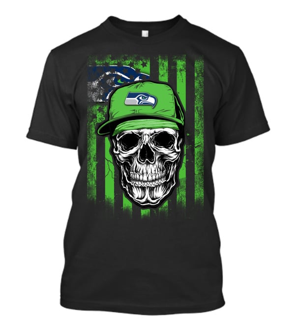 Skull In Seattle Seahawks Cap With Green Stripes And Team T-Shirt