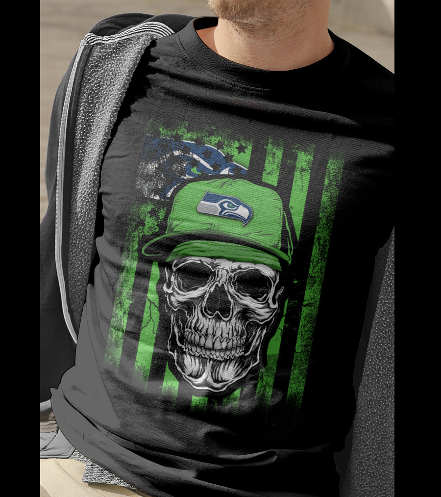 Skull In Seattle Seahawks Cap With Green Stripes And Team T-Shirt