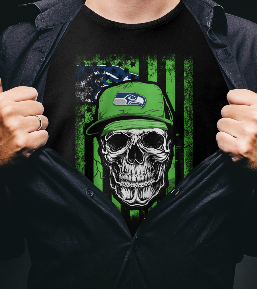 Skull In Seattle Seahawks Cap With Green Stripes And Team T-Shirt