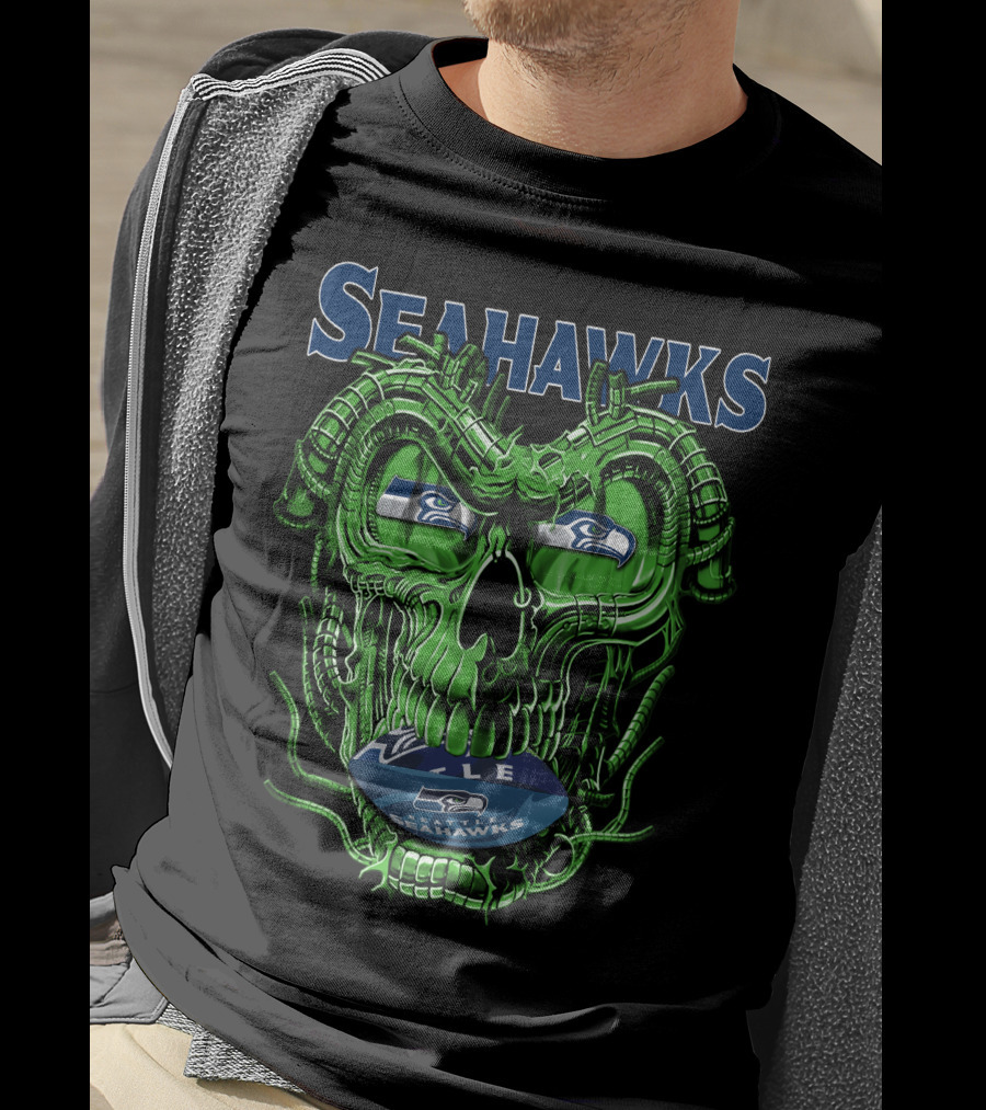 Dragonskull Seahawks Green Skull Design With Seattle Seahawks T-Shirt