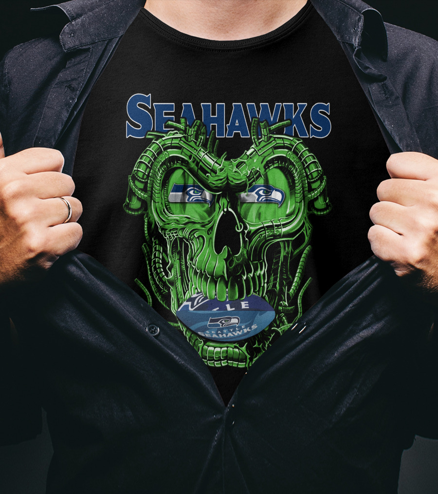 Dragonskull Seahawks Green Skull Design With Seattle Seahawks T-Shirt