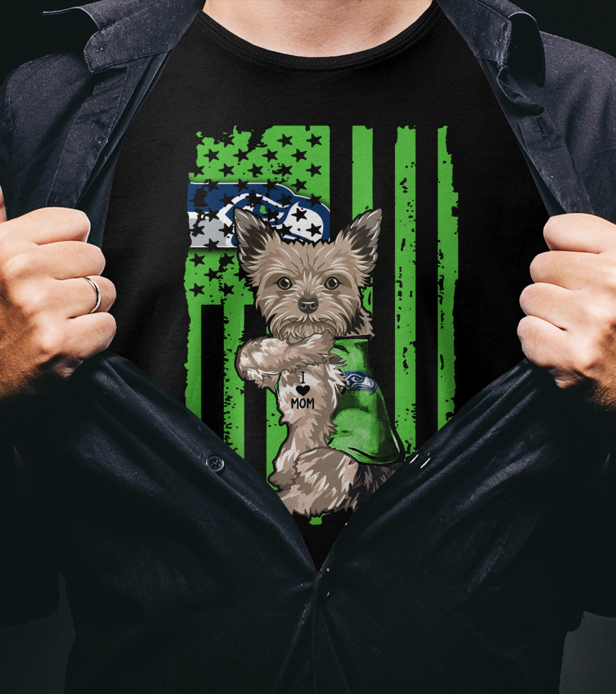 Yorkshire Terrier I Love Mom Seattle Seahawks Flag T-Shirt