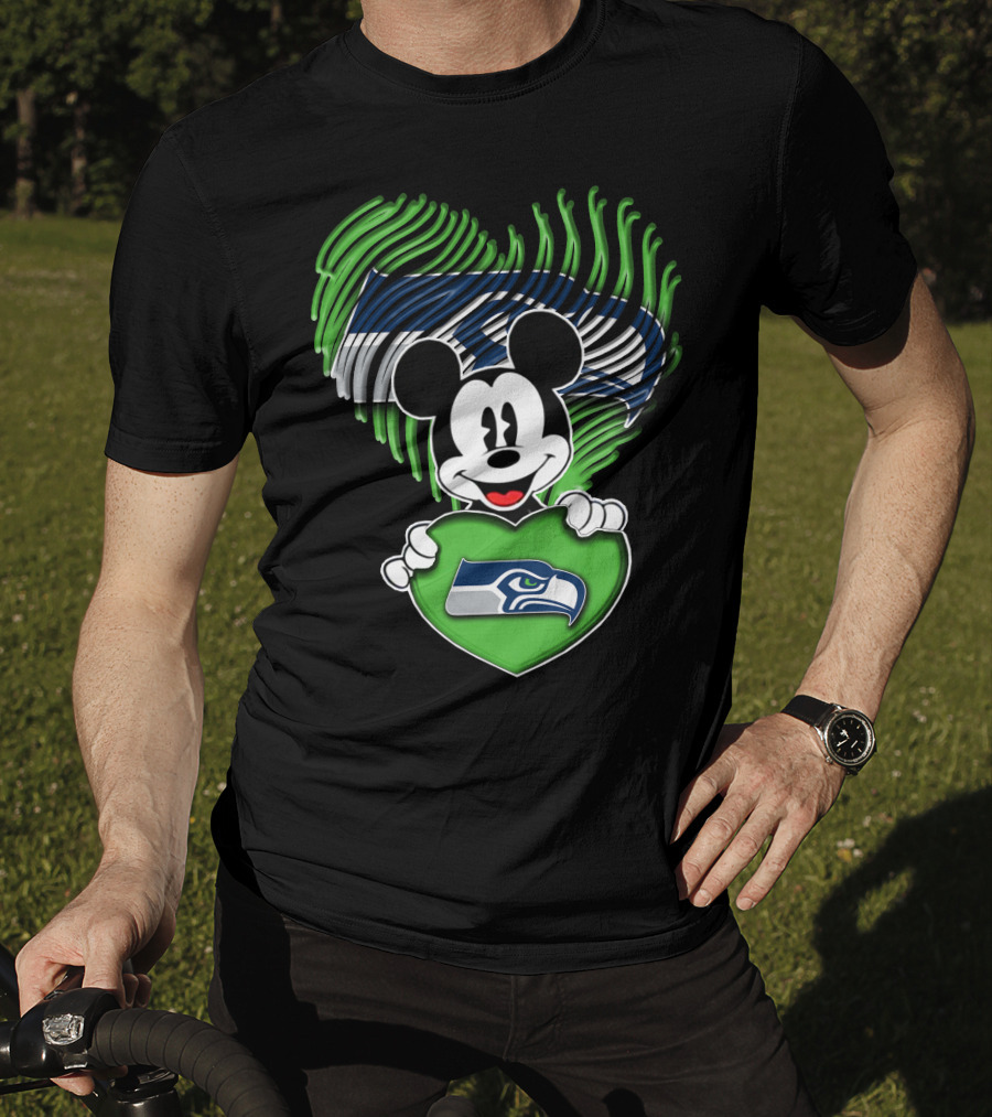 Mickey Mouse Heart Green With Seattle Seahawks T-Shirt