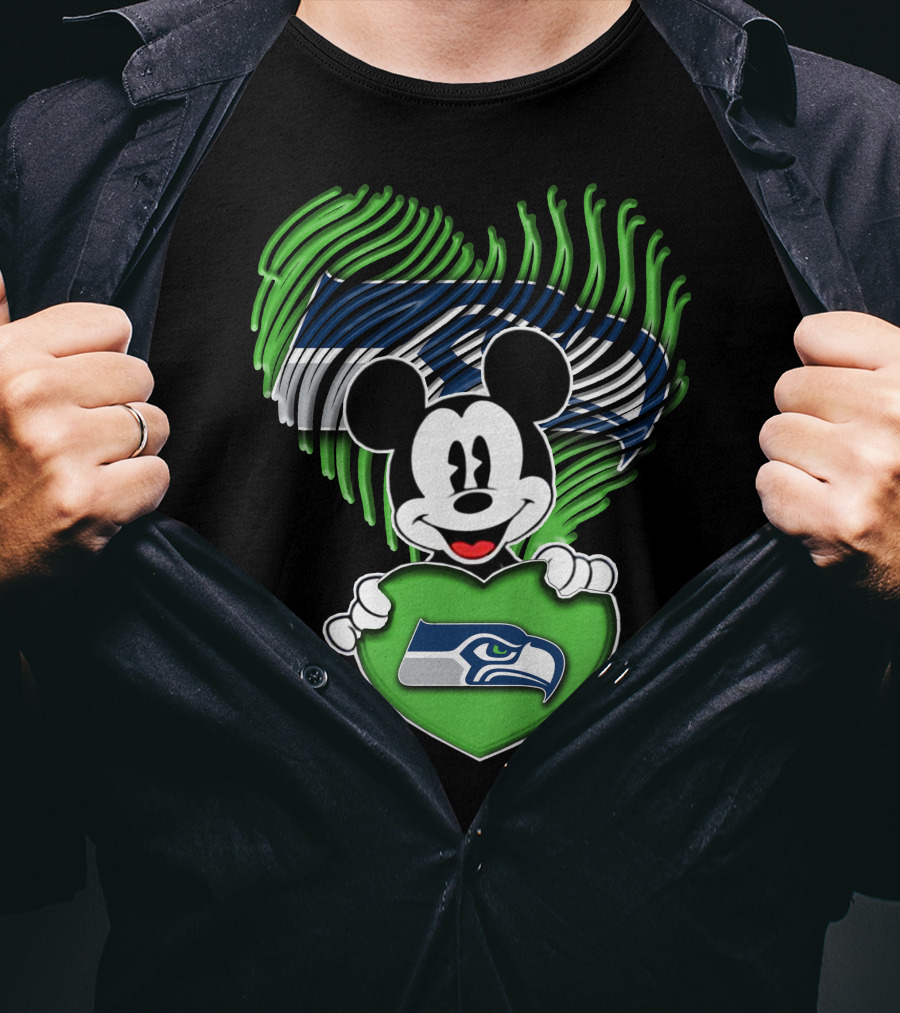 Mickey Mouse Heart Green With Seattle Seahawks T-Shirt