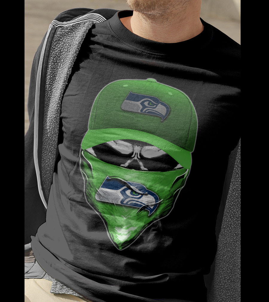 Skull V6 Seattle Seahawks Logo On Green Cap And Bandana T-Shirt