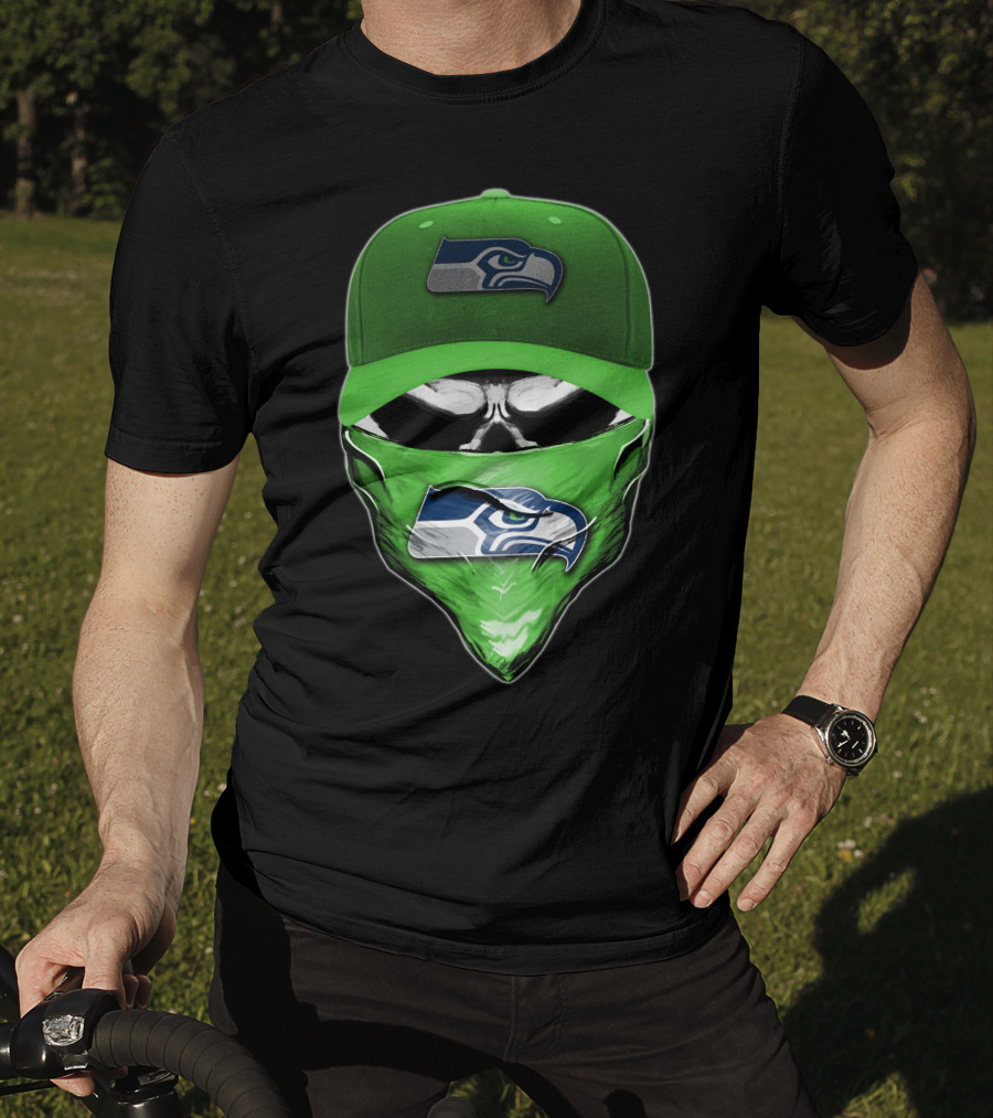 Skull V6 Seattle Seahawks Logo On Green Cap And Bandana T-Shirt