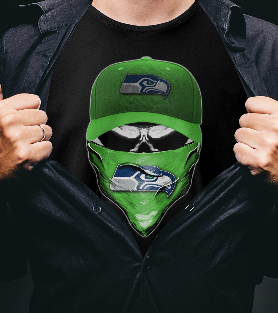 Skull V6 Seattle Seahawks Logo On Green Cap And Bandana T-Shirt