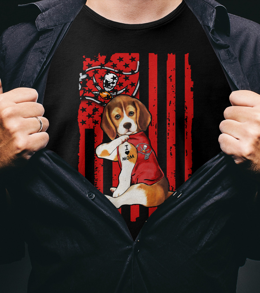 Beagle Puppy Tampa Bay Buccaneers I Love Mom Tattoo Patriotic Flag T-Shirt