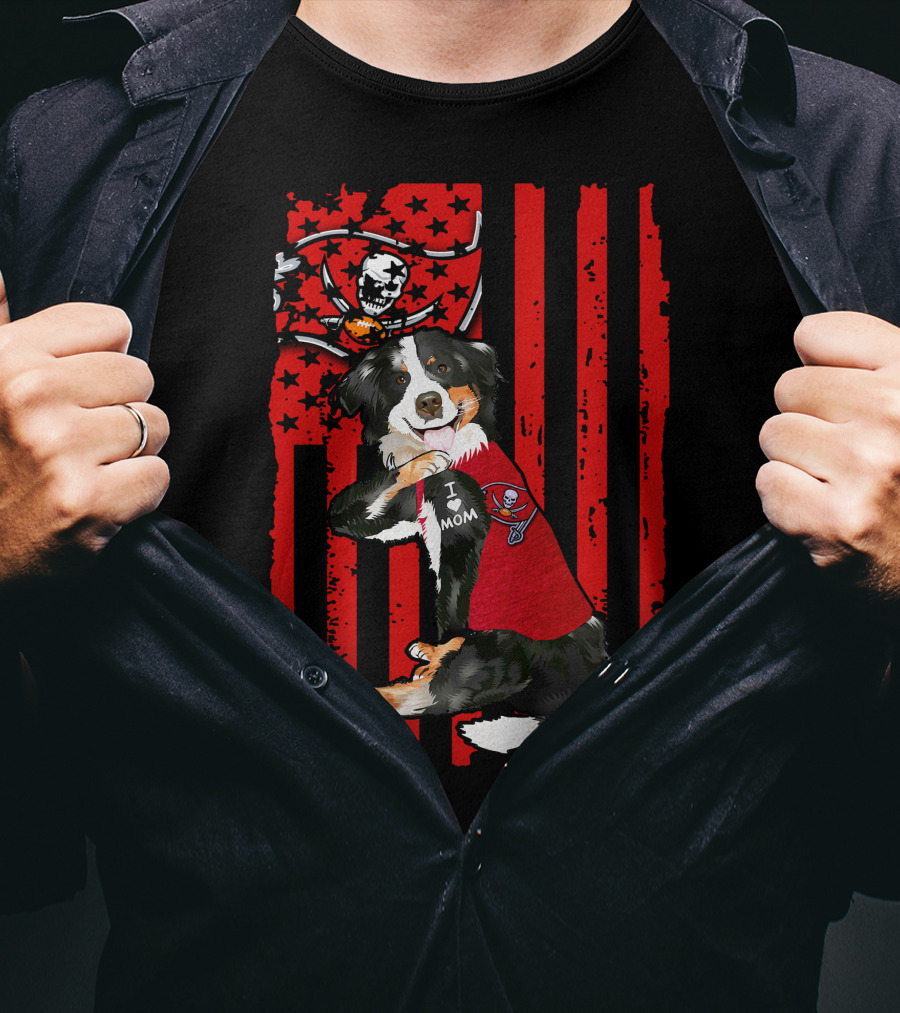 Border Collie In I Love Mom Shirt With Tampa Bay Buccaneers Flag T-Shirt