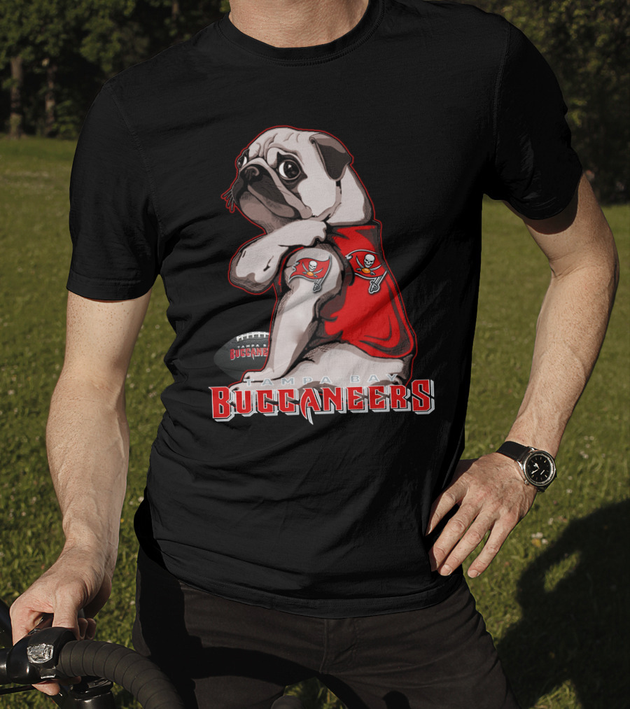 Pug Wearing Tampa Bay Buccaneers Jersey With Football T-Shirt