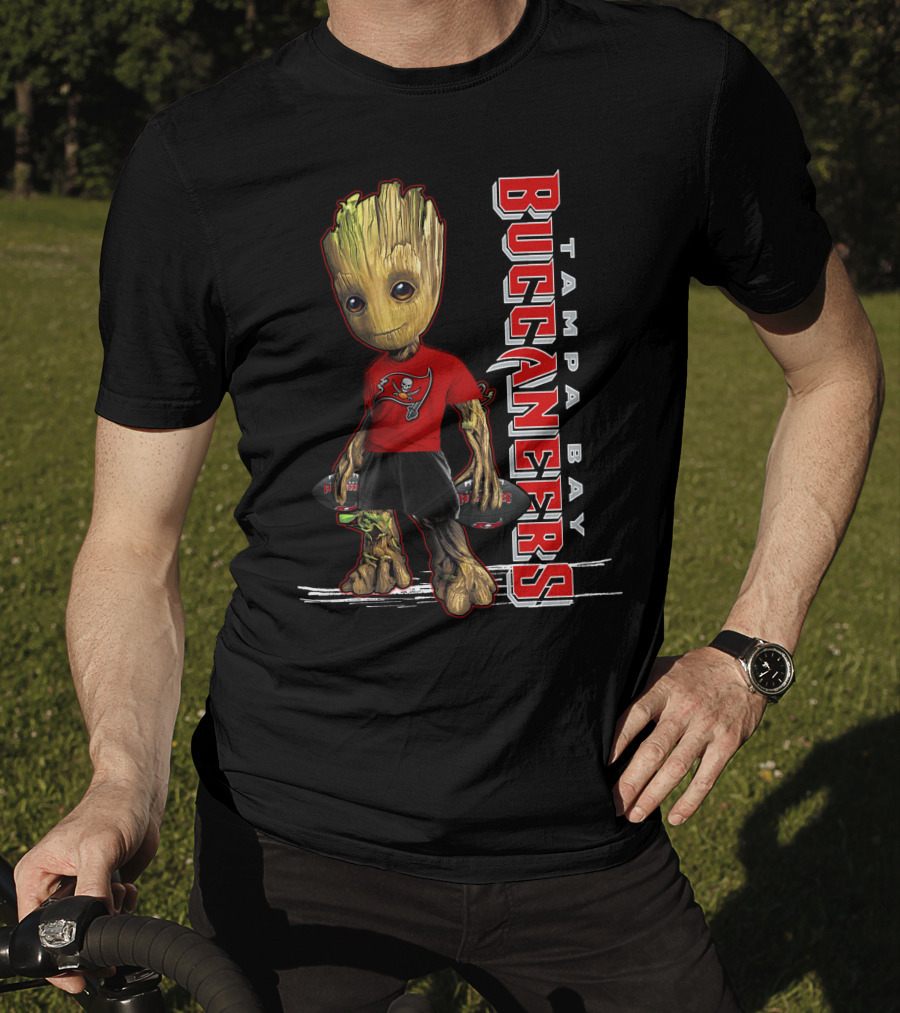 Groot In Tampa Bay Buccaneers Gear Standing With Football T-Shirt