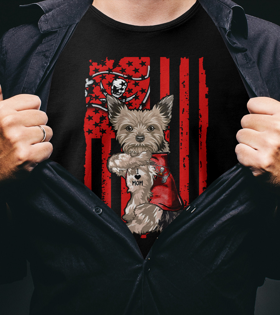 Yorkshire Terrier I Love Mom Tampa Bay Buccaneers American Flag T-Shirt