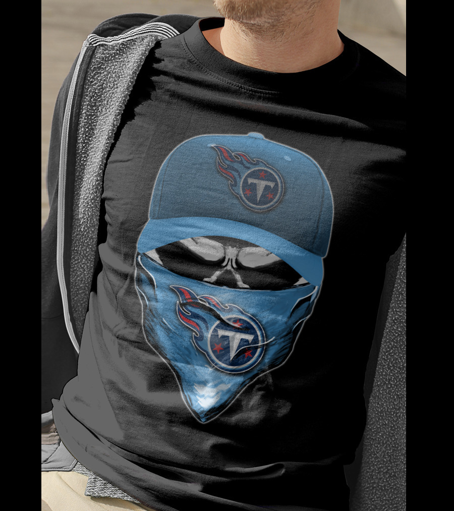 Skull V6 Tennessee Titans Logo Blue Hat And Bandana T-Shirt