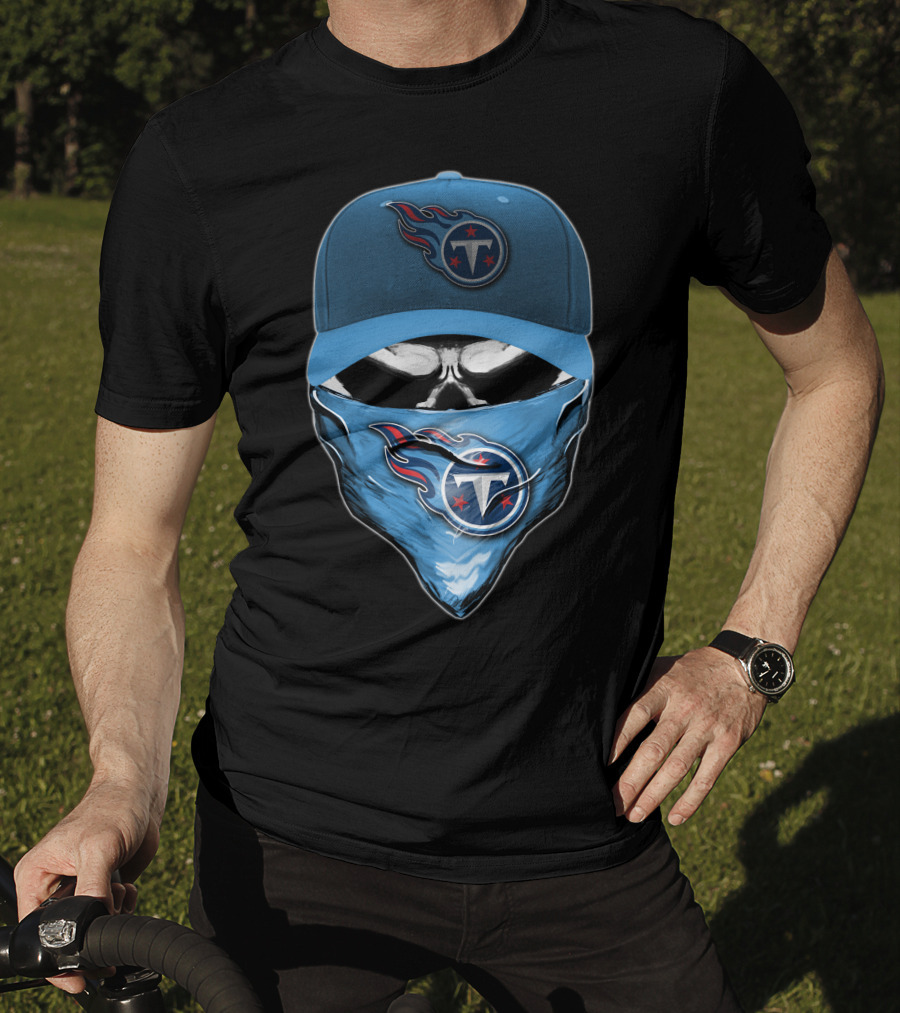 Skull V6 Tennessee Titans Logo Blue Hat And Bandana T-Shirt