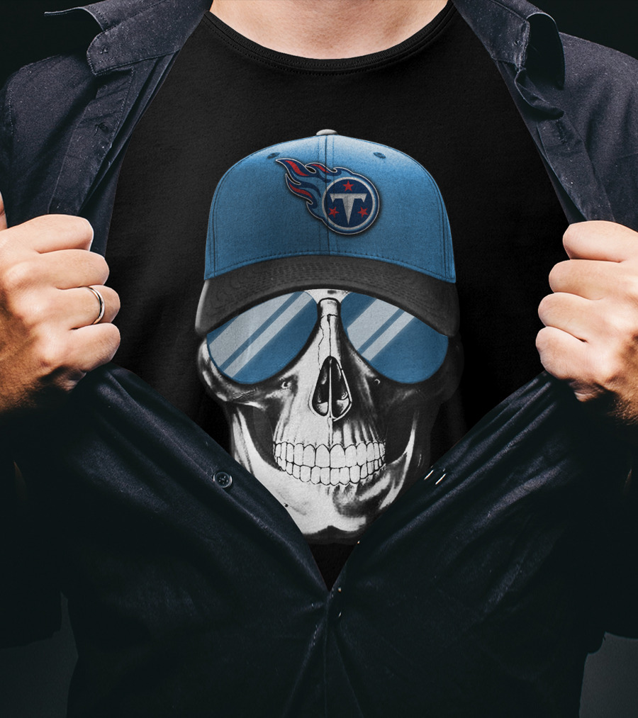 Skull With Tennessee Titans Logo Blue Cap And Sunglasses T-Shirt