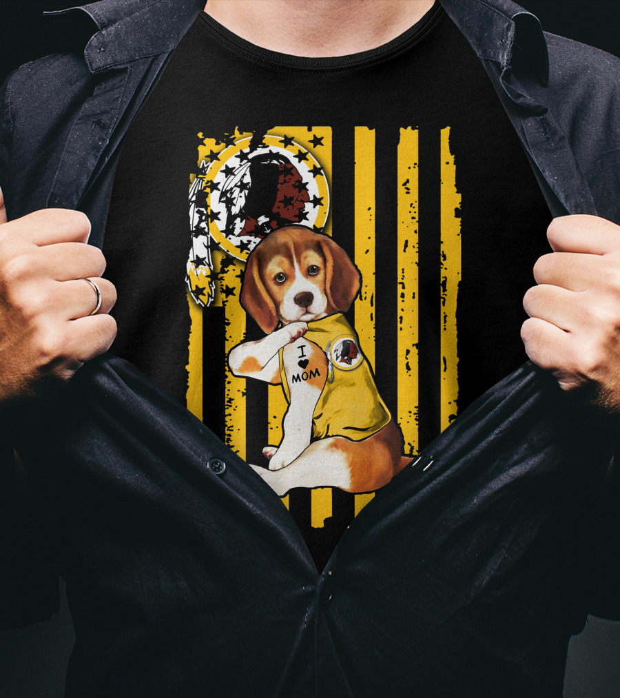 Beagle Washington Redskins I Love Mom Dog Tattoo Football Fan Stripes T-Shirt