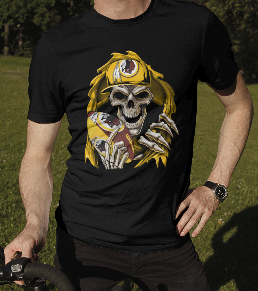 Skullbong Washington Redskins Skeleton Holding Football With Logo And Yellow Cap T-Shirt