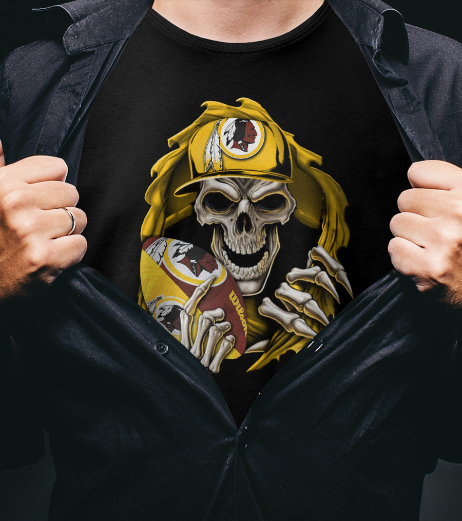Skullbong Washington Redskins Skeleton Holding Football With Logo And Yellow Cap T-Shirt