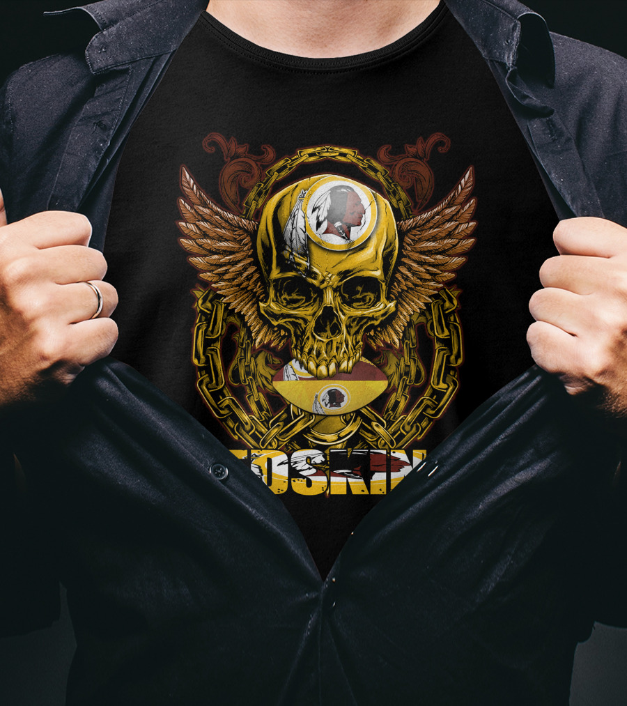 Redskins Skullfb Winged Skull Chains Feathers Football Helmet T-Shirt