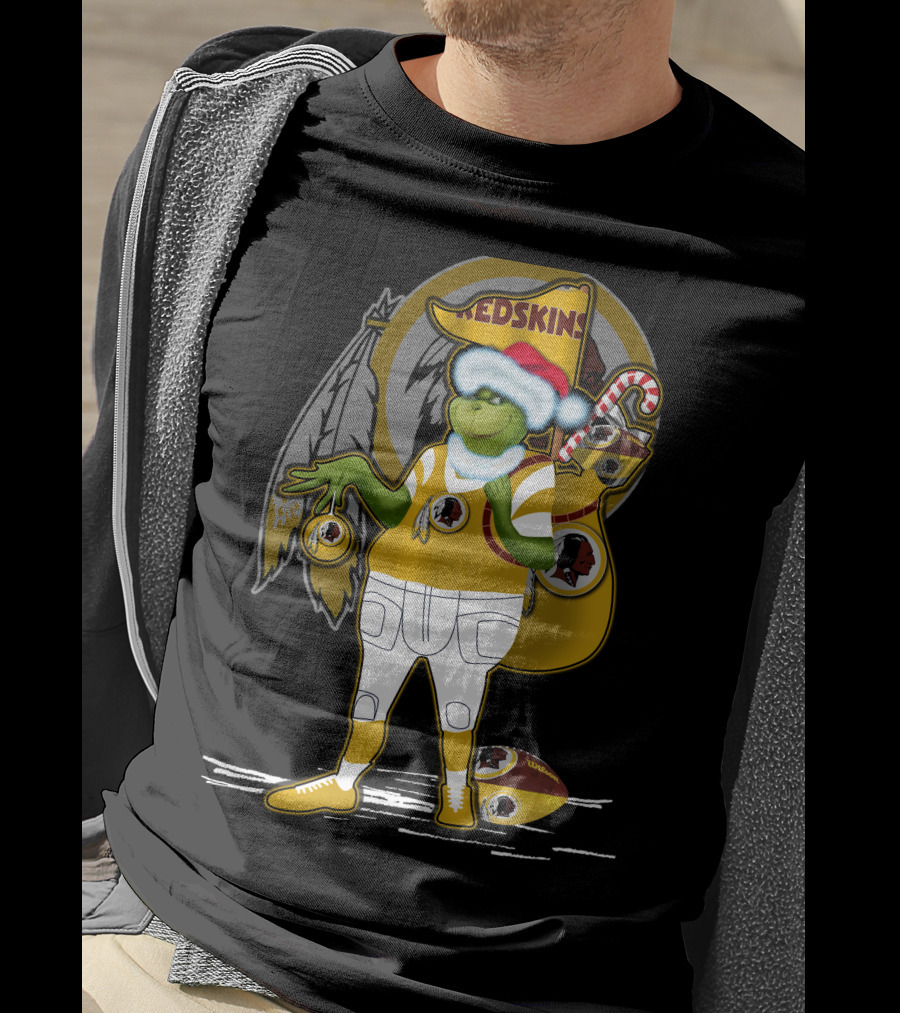 Grinchxmas V1 Washington Redskins Christmas Crossover With Santa Hat And Football Iconography T-Shirt