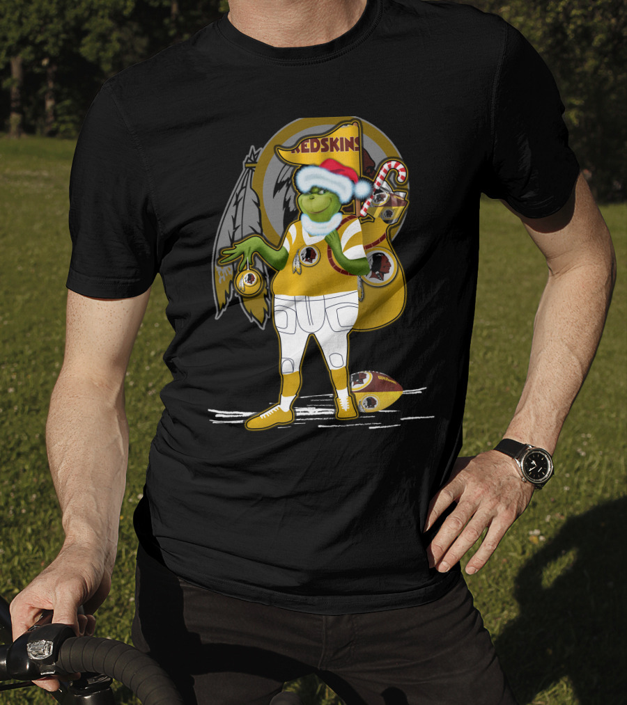 Grinchxmas V1 Washington Redskins Christmas Crossover With Santa Hat And Football Iconography T-Shirt