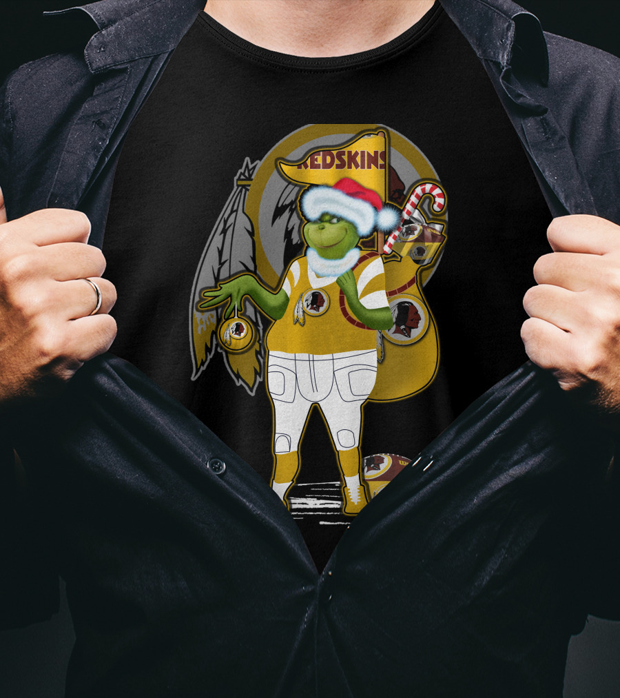Grinchxmas V1 Washington Redskins Christmas Crossover With Santa Hat And Football Iconography T-Shirt