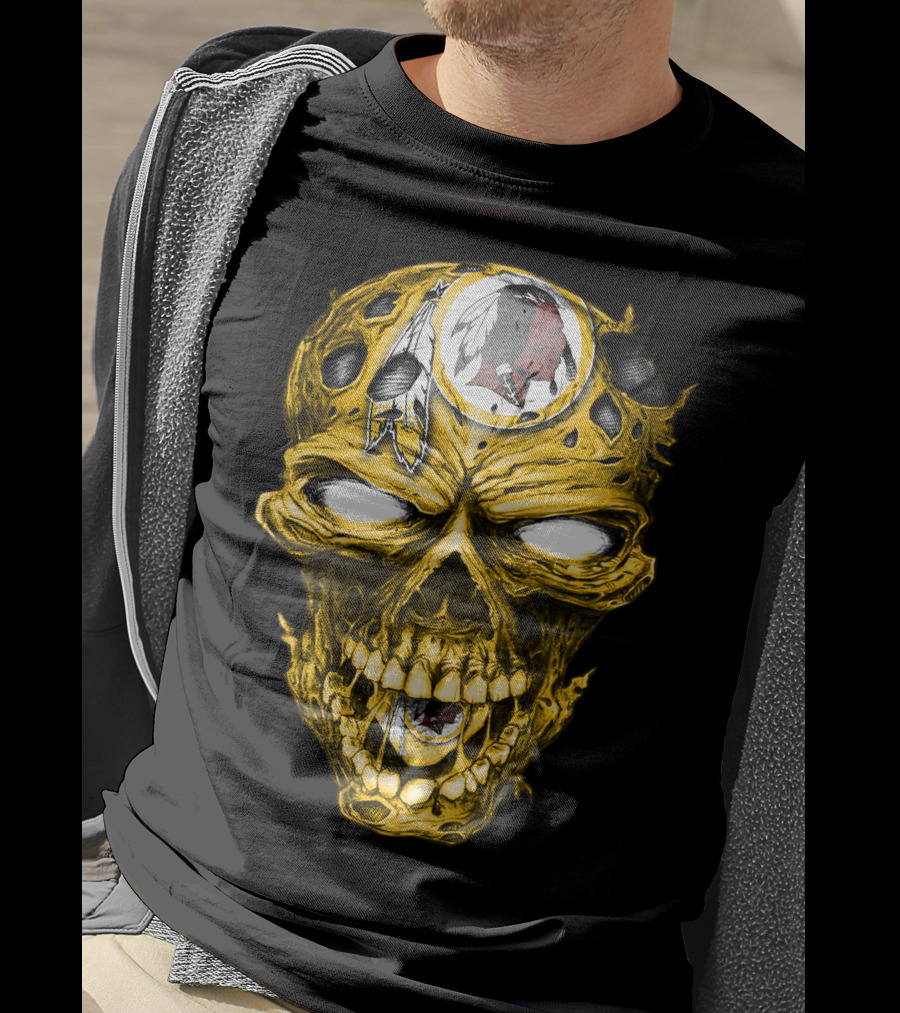 Skull V2 Washington Redskins Logo With Feather Headdress On Yellow Grinning Skull T-Shirt