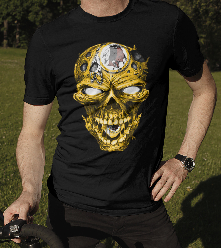 Skull V2 Washington Redskins Logo With Feather Headdress On Yellow Grinning Skull T-Shirt