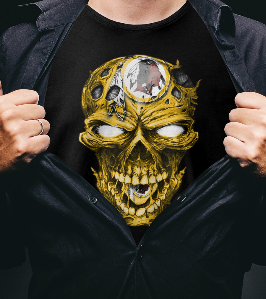 Skull V2 Washington Redskins Logo With Feather Headdress On Yellow Grinning Skull T-Shirt