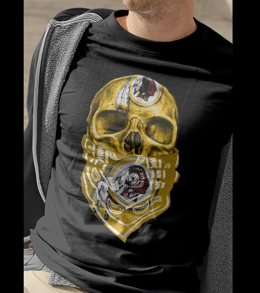 Skull Washington Redskins Logo With Yellow Bandana And Native American Symbolics T-Shirt