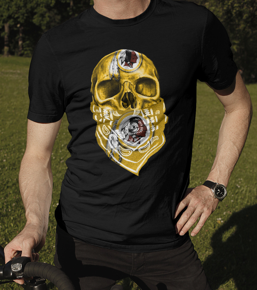 Skull Washington Redskins Logo With Yellow Bandana And Native American Symbolics T-Shirt