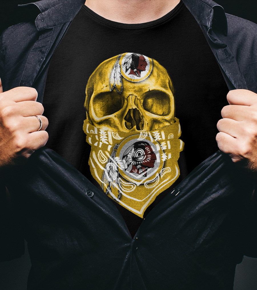 Skull Washington Redskins Logo With Yellow Bandana And Native American Symbolics T-Shirt