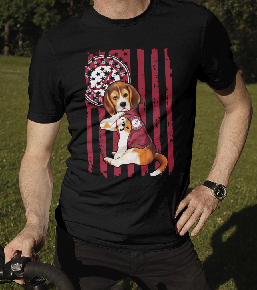 Beagle I Love Mom Alabama Crimson Tide Logo Usa Flag T-Shirt