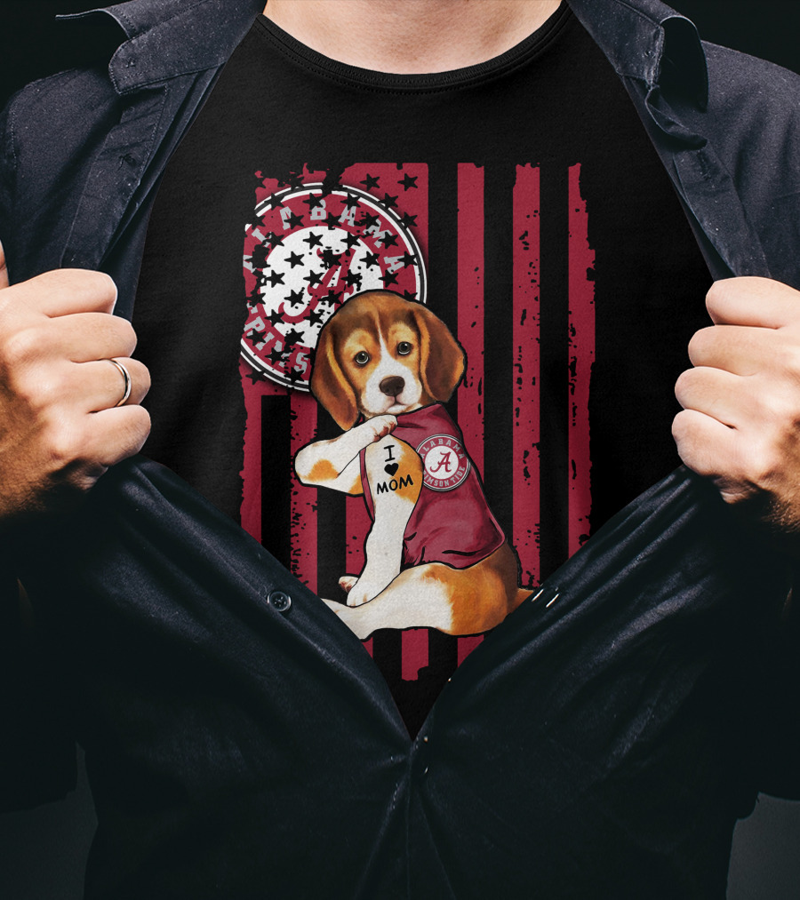 Beagle I Love Mom Alabama Crimson Tide Logo Usa Flag T-Shirt