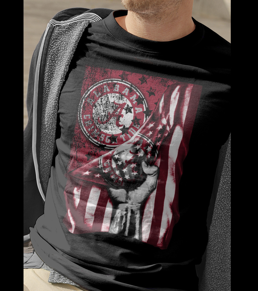 Alabama Crimson Tide Flag With Stars And Stripes Hand Motif T-Shirt