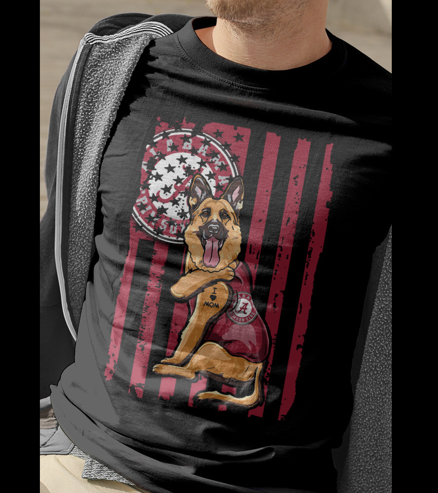 German Shepherd Alabama Crimson Tide Pride With I Love Mom Tattoo T-Shirt