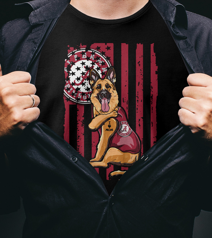German Shepherd Alabama Crimson Tide Pride With I Love Mom Tattoo T-Shirt