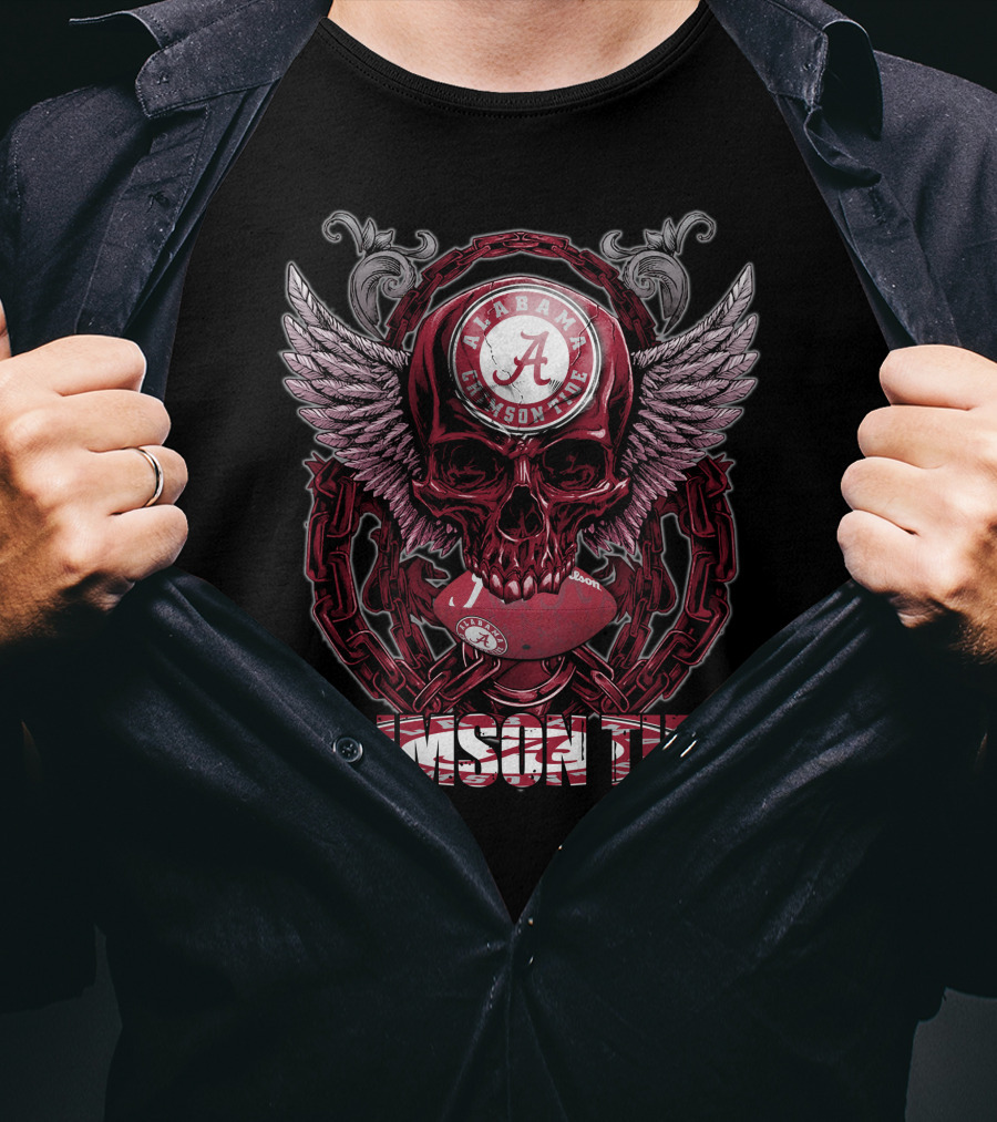 Alabama Crimson Tide Skullfb Winged Skull Football T-Shirt
