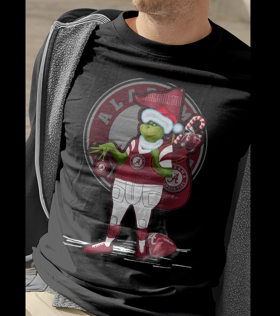 Grinchxmas Alabama Crimson Tide Football Theme With Santa Hat And Candy Cane Bag T-Shirt