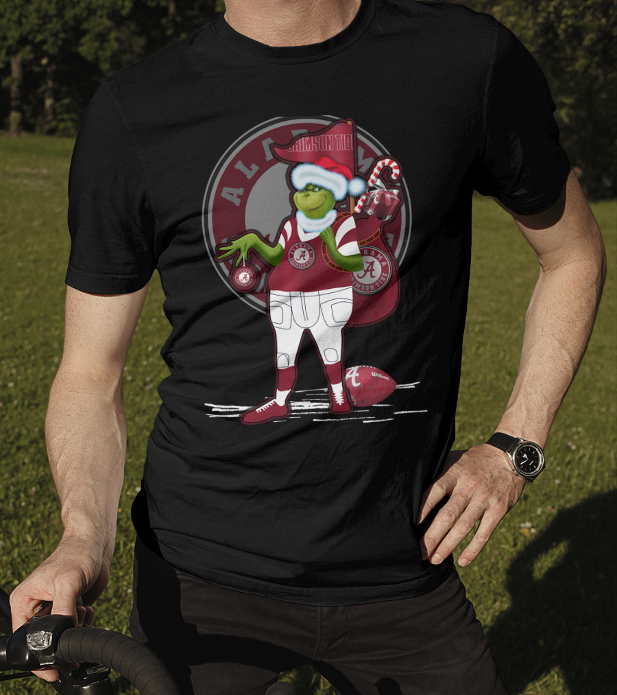 Grinchxmas Alabama Crimson Tide Football Theme With Santa Hat And Candy Cane Bag T-Shirt