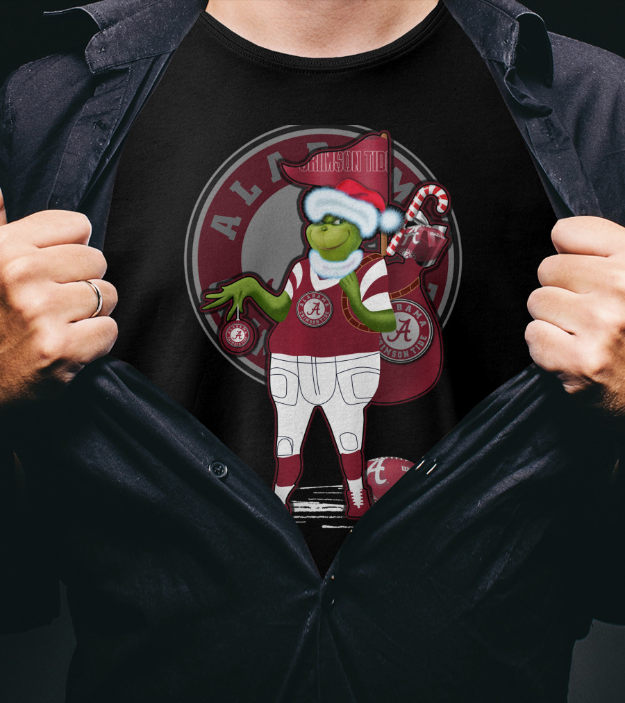 Grinchxmas Alabama Crimson Tide Football Theme With Santa Hat And Candy Cane Bag T-Shirt