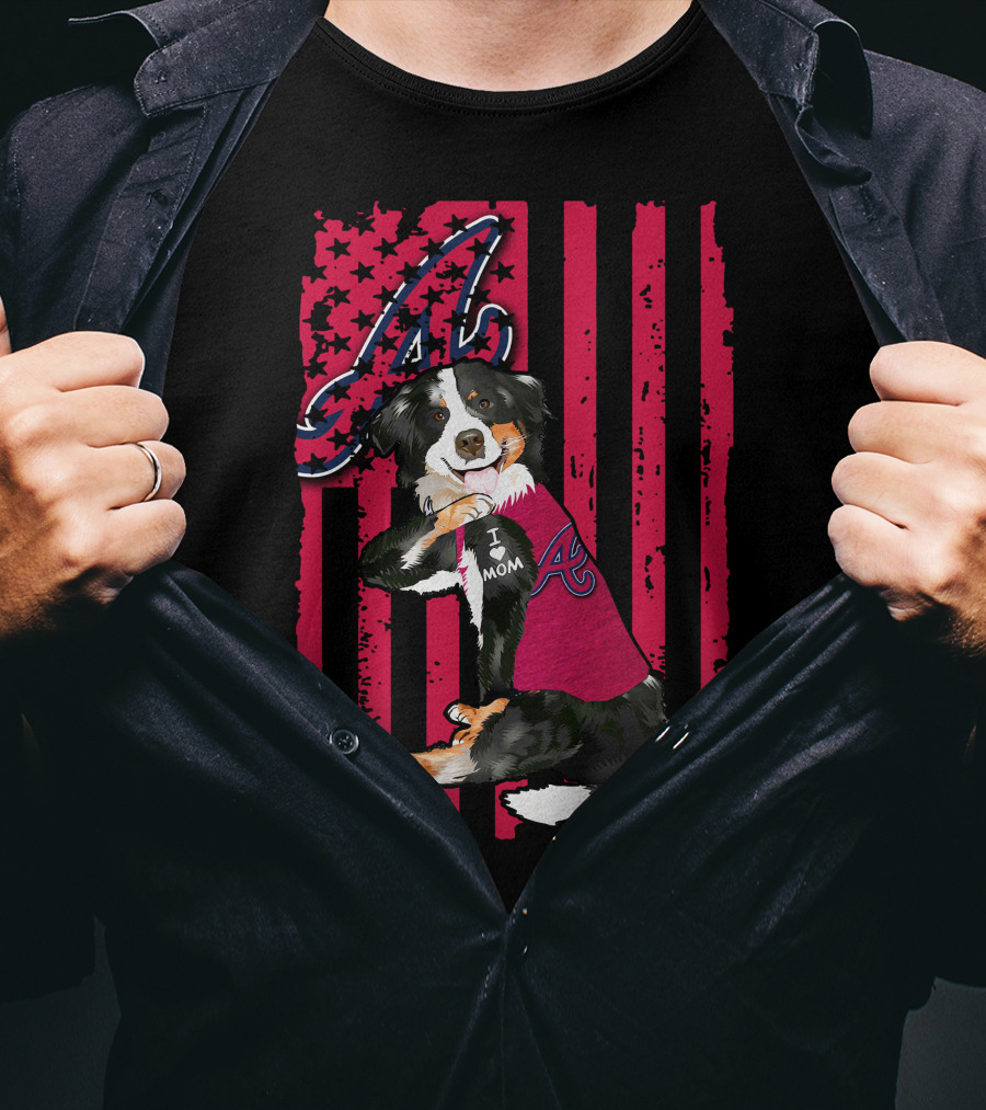 Border Collie I Love Mom Atlanta Braves A American Flag T-Shirt
