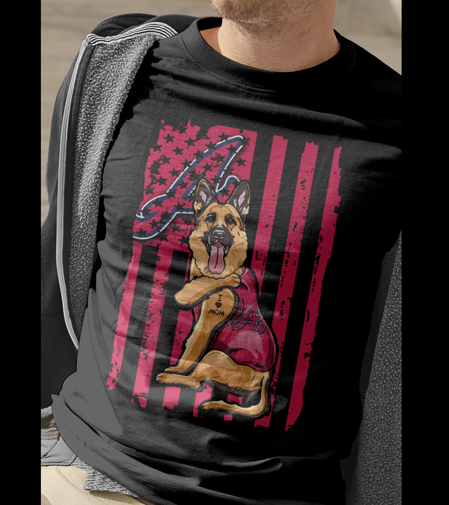 German Shepherd Wearing Atlanta Braves Jersey With A Logo And Flag Background T-Shirt