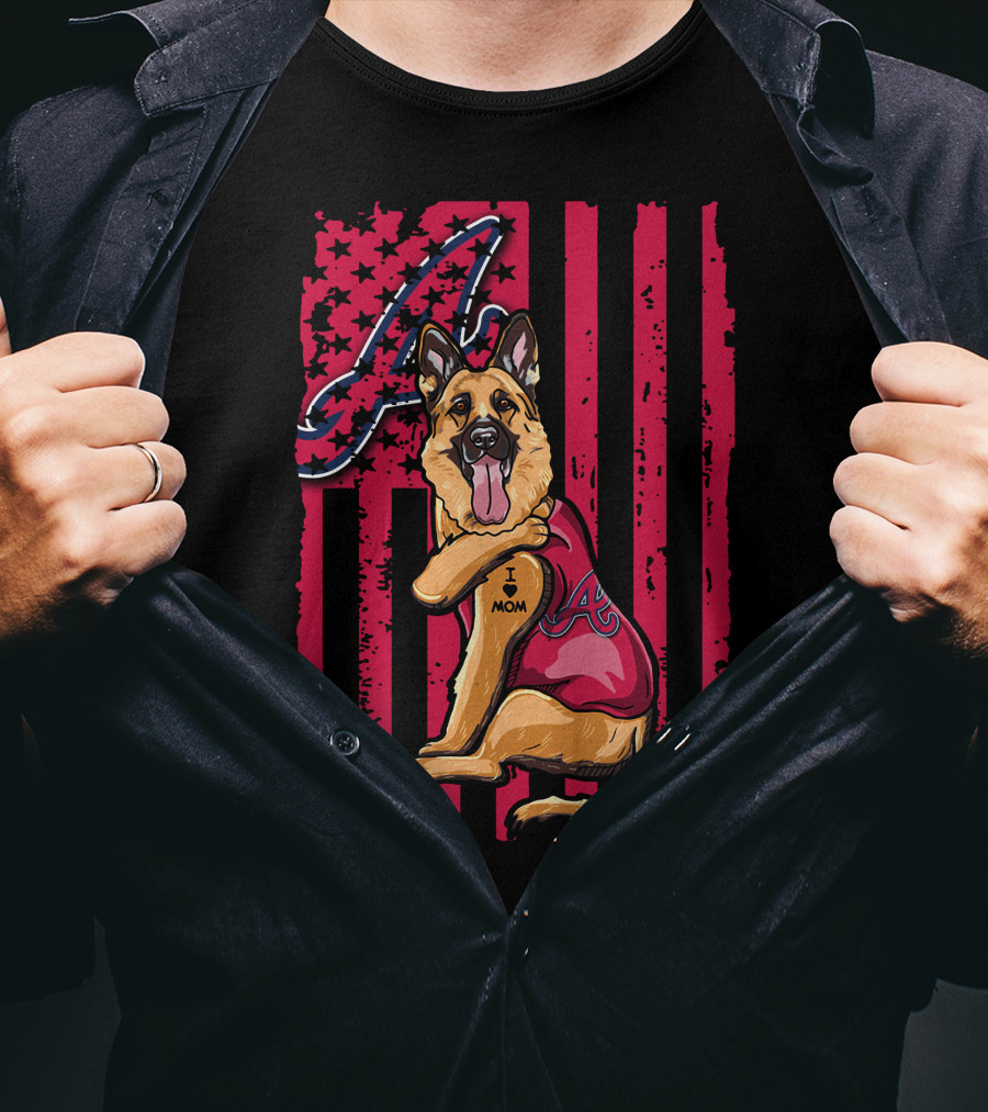 German Shepherd Wearing Atlanta Braves Jersey With A Logo And Flag Background T-Shirt