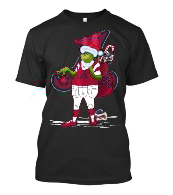 Grinchxmas Atlanta Braves Santa Holding Baseball Candy Cane T-Shirt