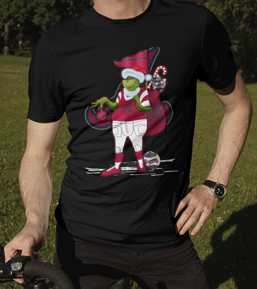 Grinchxmas Atlanta Braves Santa Holding Baseball Candy Cane T-Shirt