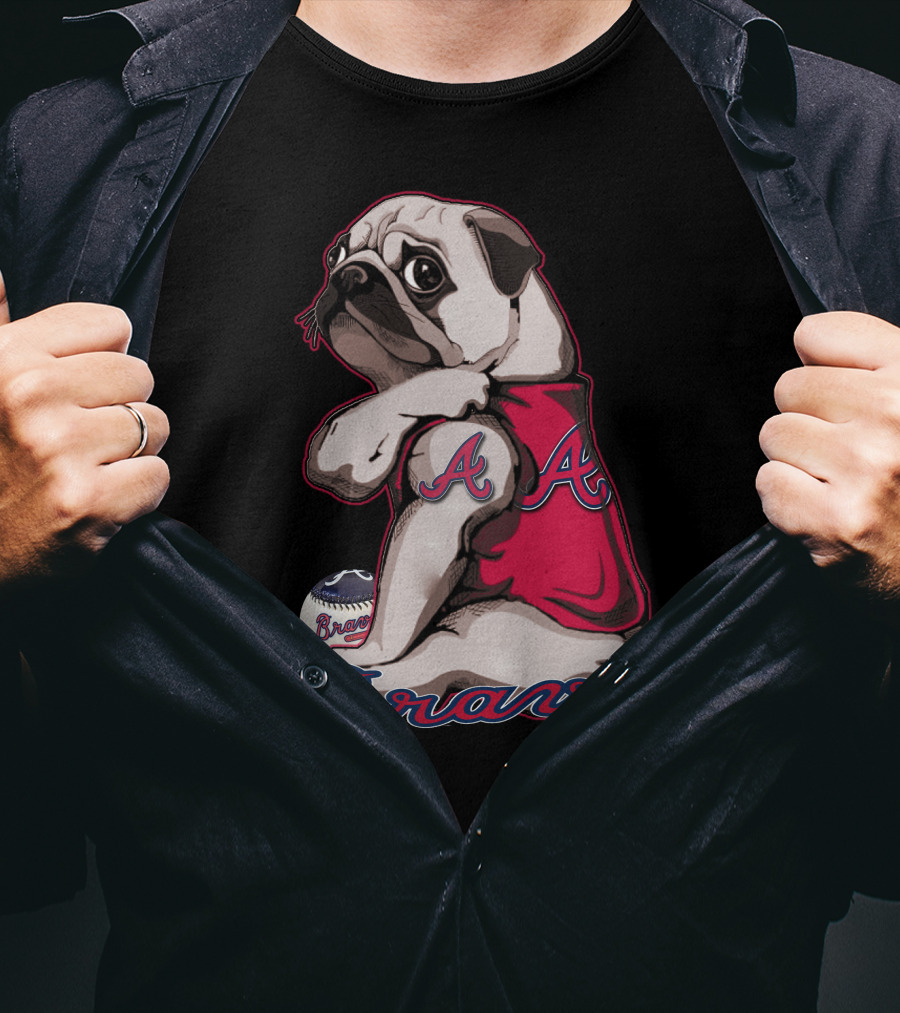 Pug Wearing Braves Jersey With Baseball And Double A T-Shirt