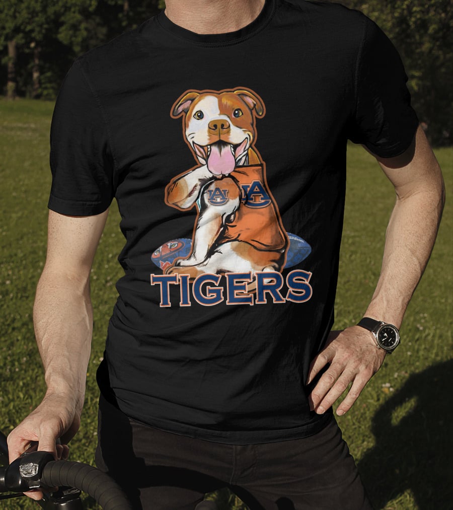 Pittbull Wearing Auburn Tigers Logo With Football T-Shirt